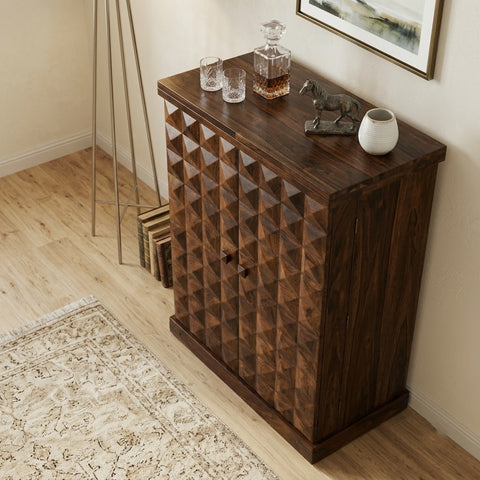 PRITI Home Sheesham Wood Bar Cabinet | Luxury Wooden Home Bar Unit with Dark Walnut Finish