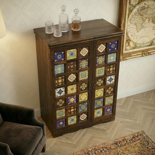 PRITI Home Sheesham Wood Bar Cabinet in Dark Walnut Finish | Handmade Drinks & Bottle Cabinet