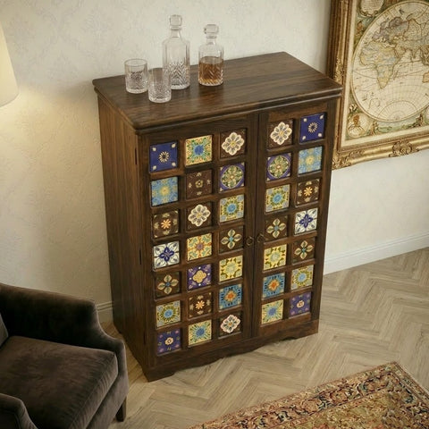 PRITI Home Sheesham Wood Bar Cabinet in Dark Walnut Finish | Handmade Drinks & Bottle Cabinet