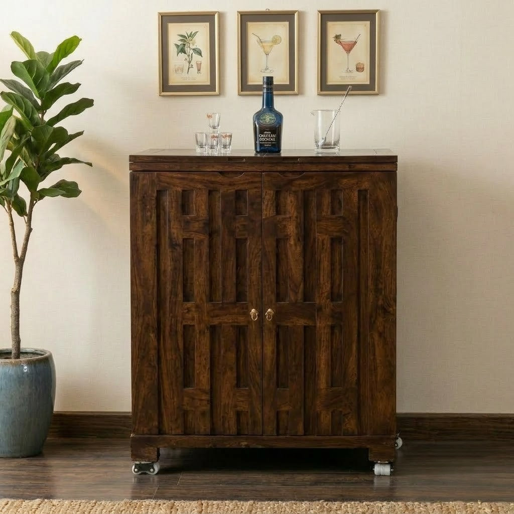 PRITI Home Sheesham Wood Bar Cabinet in Dark Walnut Finish | Wooden Bar Cabinet