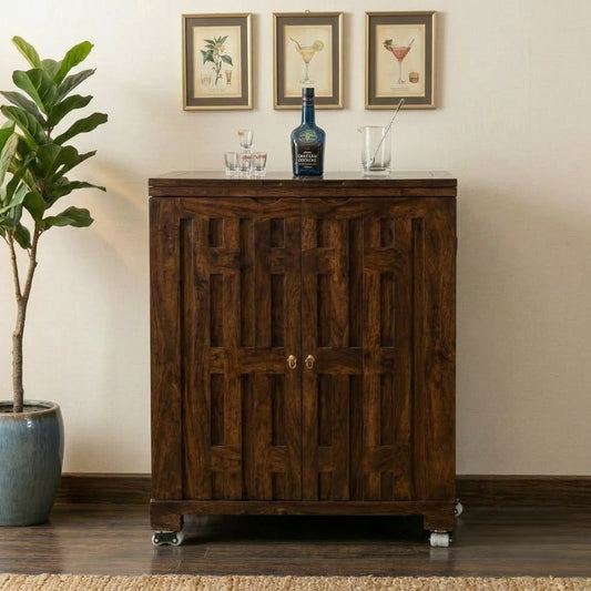 PRITI Home Sheesham Wood Bar Cabinet in Dark Walnut Finish | Wooden Bar Cabinet