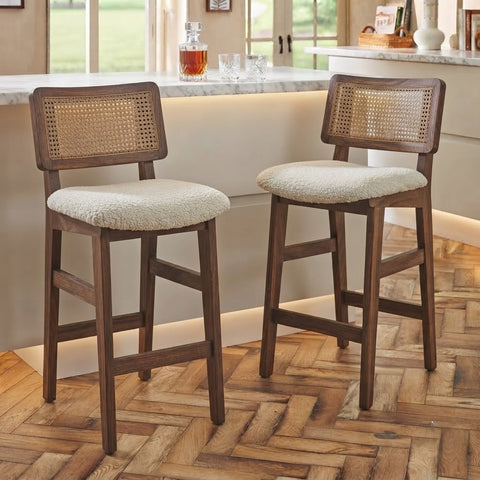 PRITI Home Sheesham Wood Bar Stool with Cream Boucle Seat & Cane Backrest