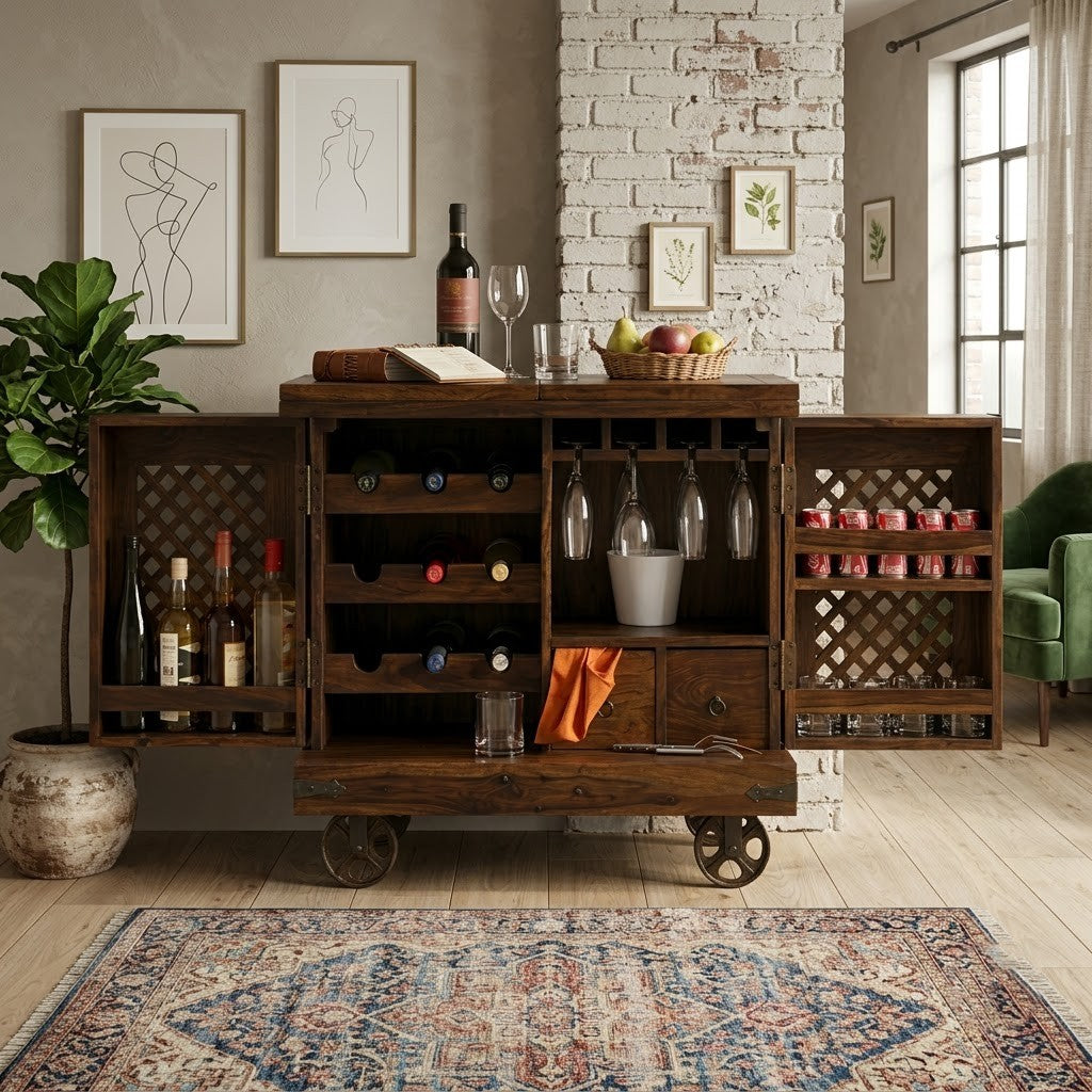 PRITI Home Sheesham Wood Jali Bar Cabinet | Handmade Solid Wood Bar Unit with Dark Walnut Finish