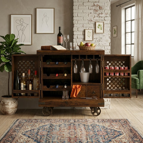 PRITI Home Sheesham Wood Jali Bar Cabinet | Handmade Solid Wood Bar Unit with Dark Walnut Finish