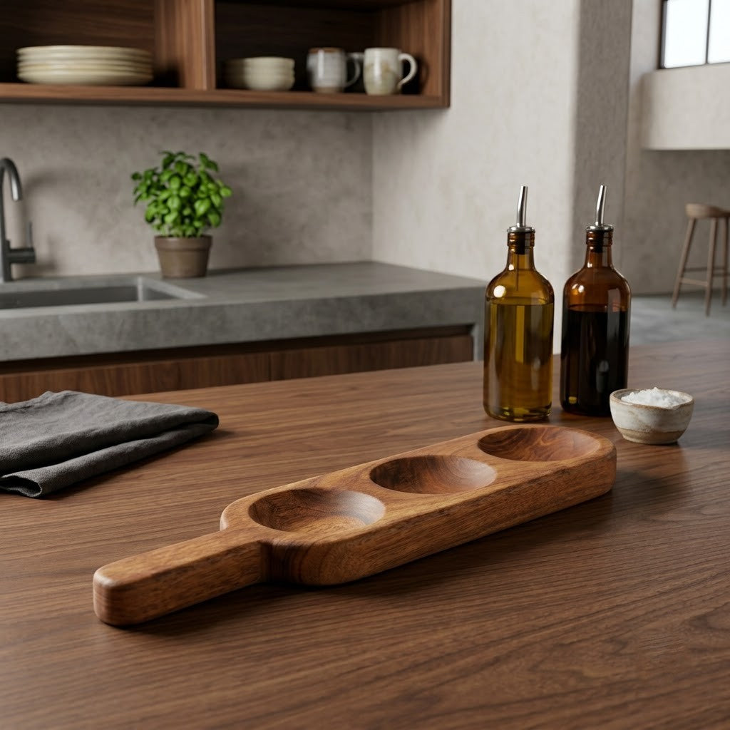 PRITI Home Solid Acacia Wood Serving Board | 3 Dip Bowl Platter