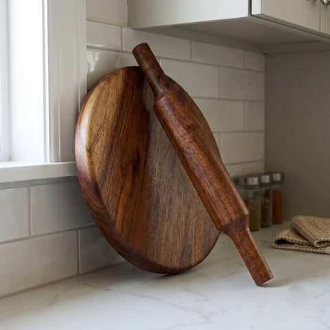 PRITI Home Solid Mango Wood Rolling Board with Pin | Chakla Belan