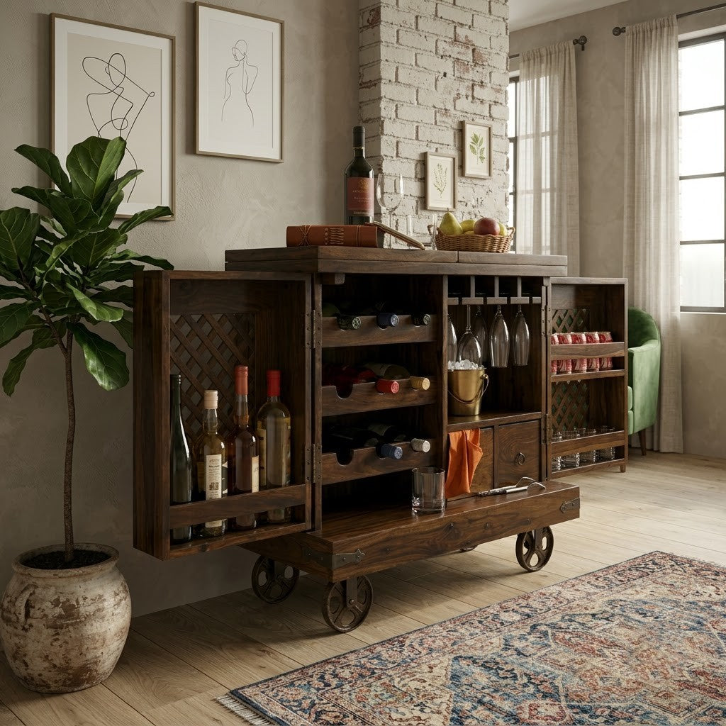 PRITI Home Solid Sheesham Wood Bar Cabinet | Dark Walnut Jali Home Bar Unit with Bottle Storage