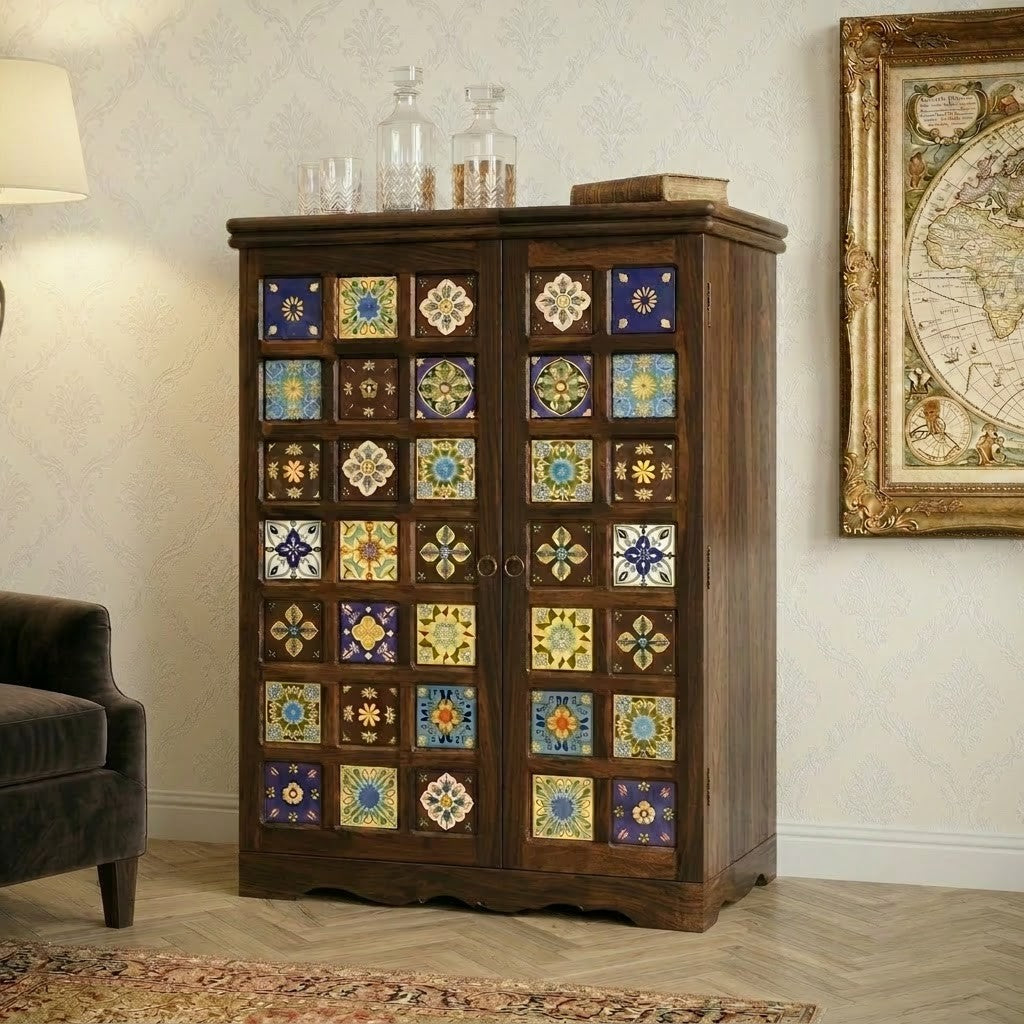 PRITI Home Solid Sheesham Wood Bar Cabinet | Dark Walnut Wooden Liquor & Bar Storage Cabinet