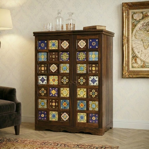 PRITI Home Solid Sheesham Wood Bar Cabinet | Dark Walnut Wooden Liquor & Bar Storage Cabinet