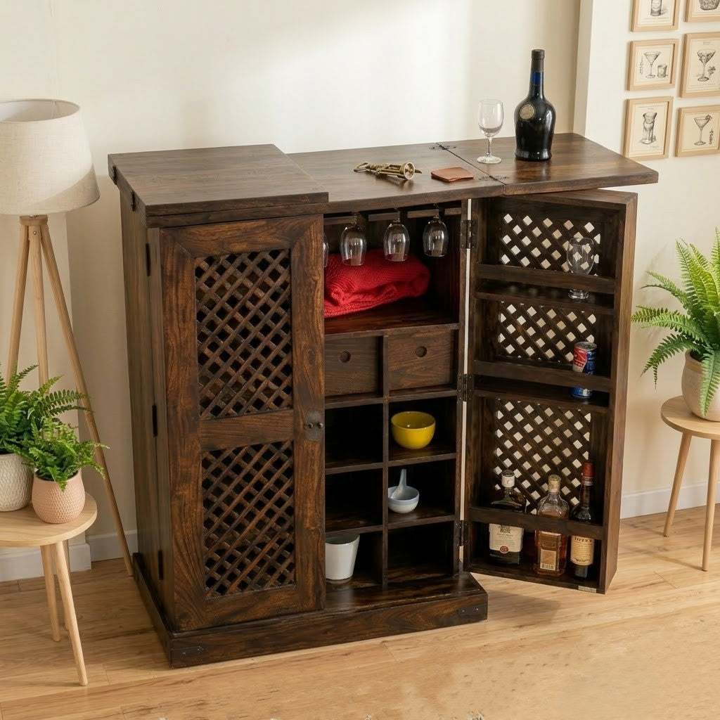 PRITI Home Solid Sheesham Wood Bar Cabinet in Dark Walnut Finish | Luxury Bar Storage Cabinet