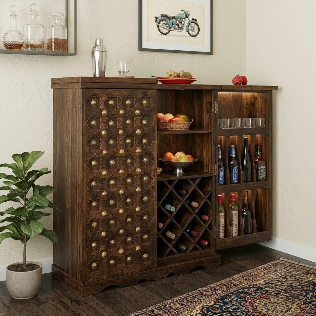 PRITI Home Solid Wood Bar Cabinet | Dark Walnut Sheesham Wood 