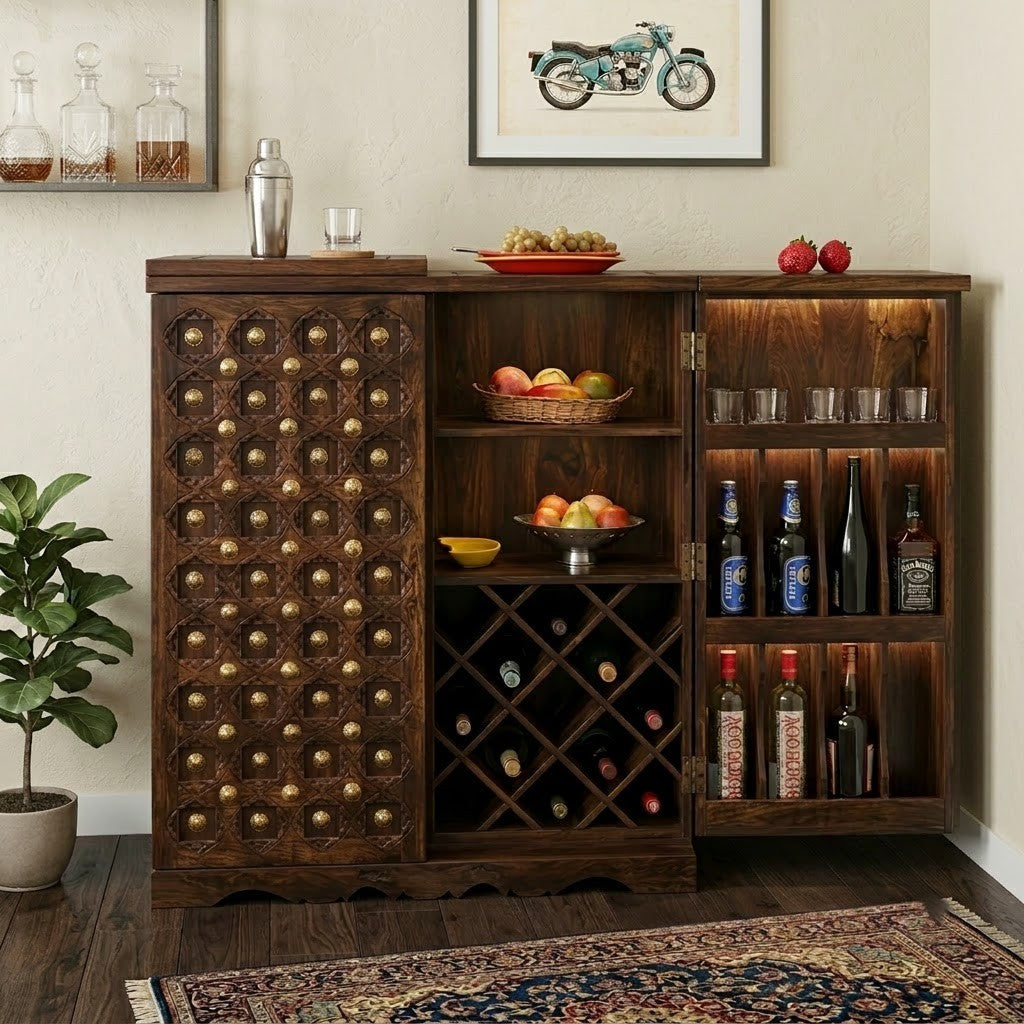 PRITI Home Solid Wood Bar Cabinet | Dark Walnut Sheesham Wood Home Bar Unit with Wine Rack