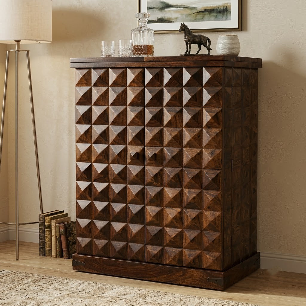 PRITI Home Solid Wood Bar Cabinet | Sheesham Wood Home Bar Unit with Designer Front & Walnut Finish