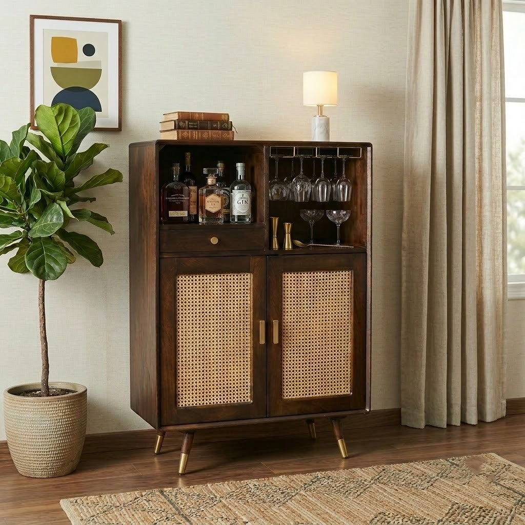 PRITI Home Solid Wood Bar Cabinet with Rattan Cane Doors & Storage