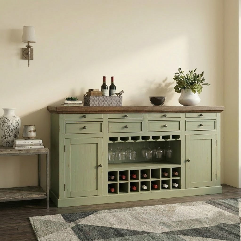 PRITI Home Solid Wood Bar Cabinet with Wine Storage & Glass Holder – Distressed Light Green
