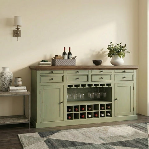 PRITI Home Solid Wood Bar Cabinet with Wine Storage & Glass Holder – Distressed Light Green