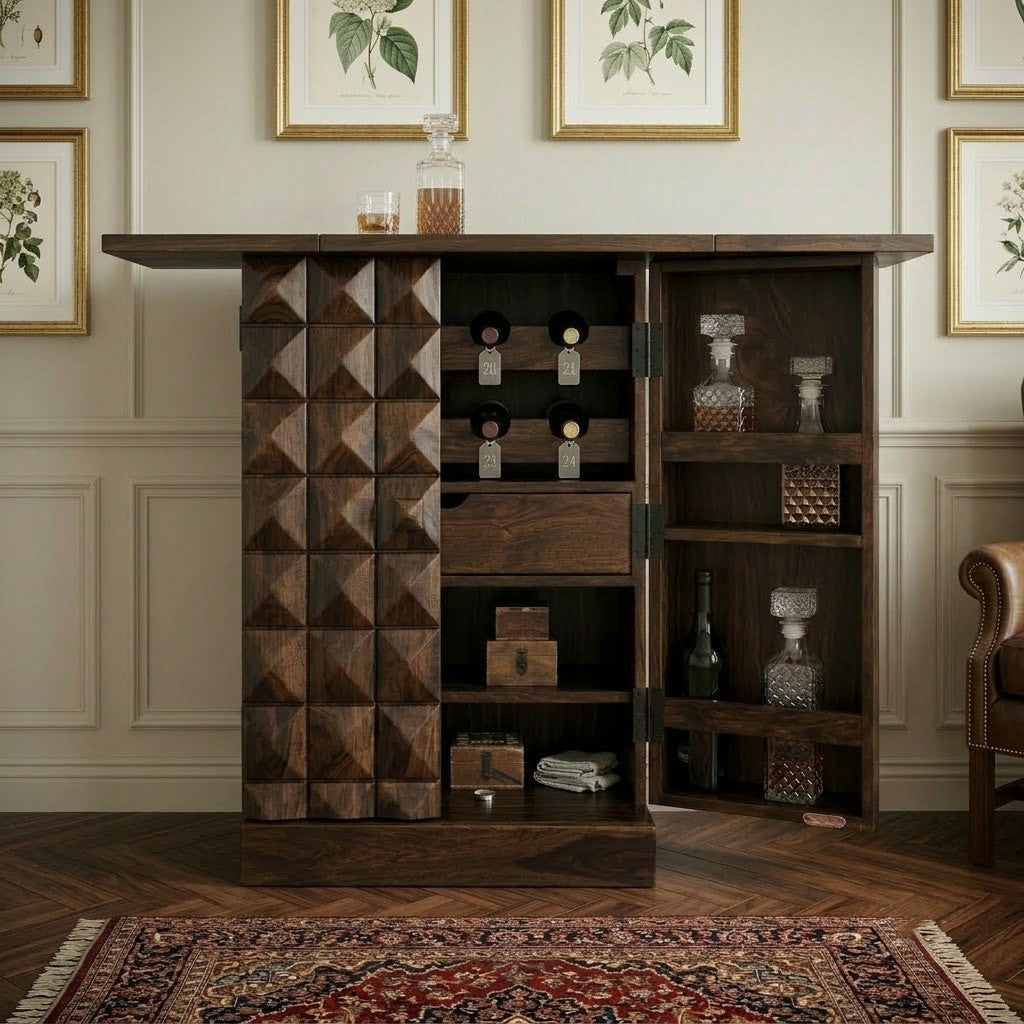 PRITI Home Solid Wood Foldable Bar Cabinet with Wine Storage & Display Shelves