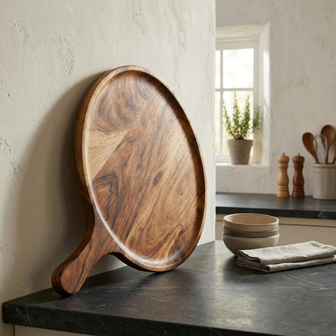 PRITI Home Solid Wood Pizza Serving Board | Round Wooden Platter