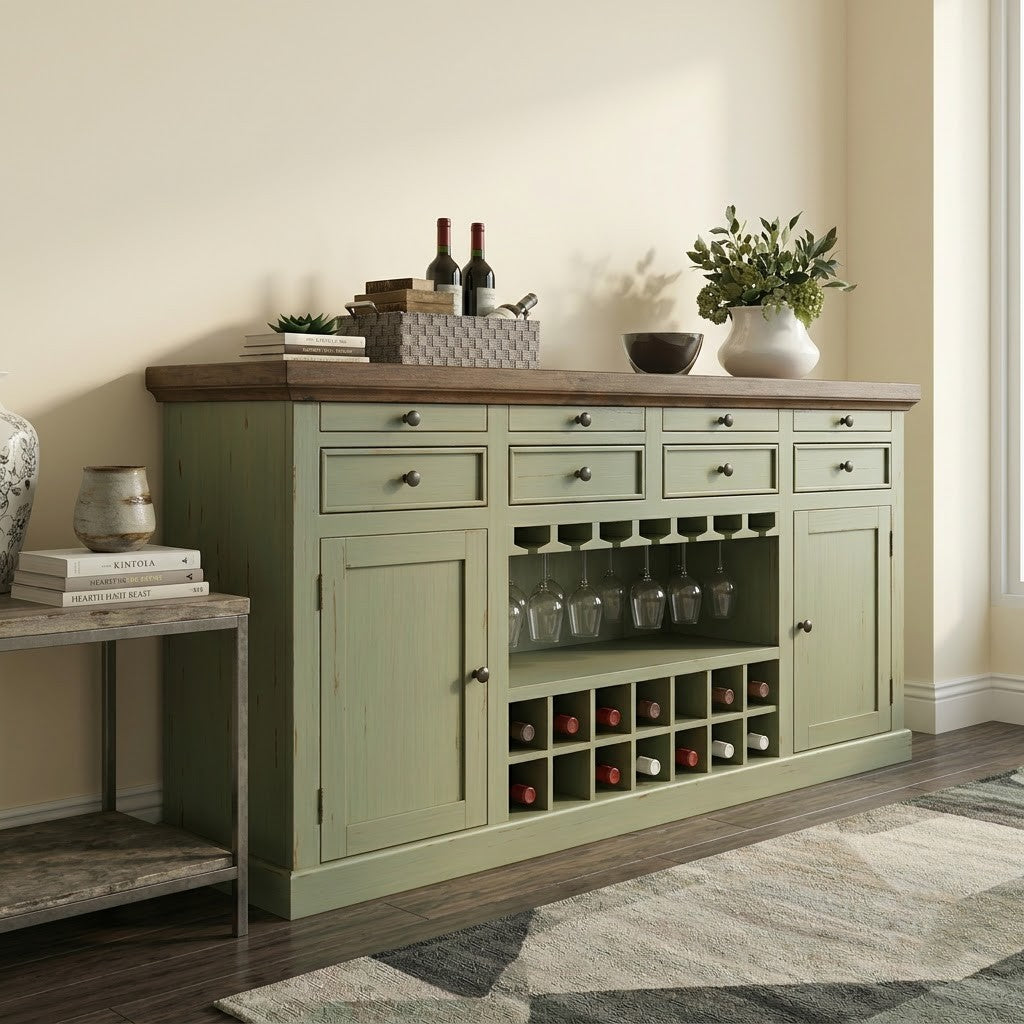 PRITI Home Vintage Wooden Bar Cabinet & Drink Storage Console with Wine Rack