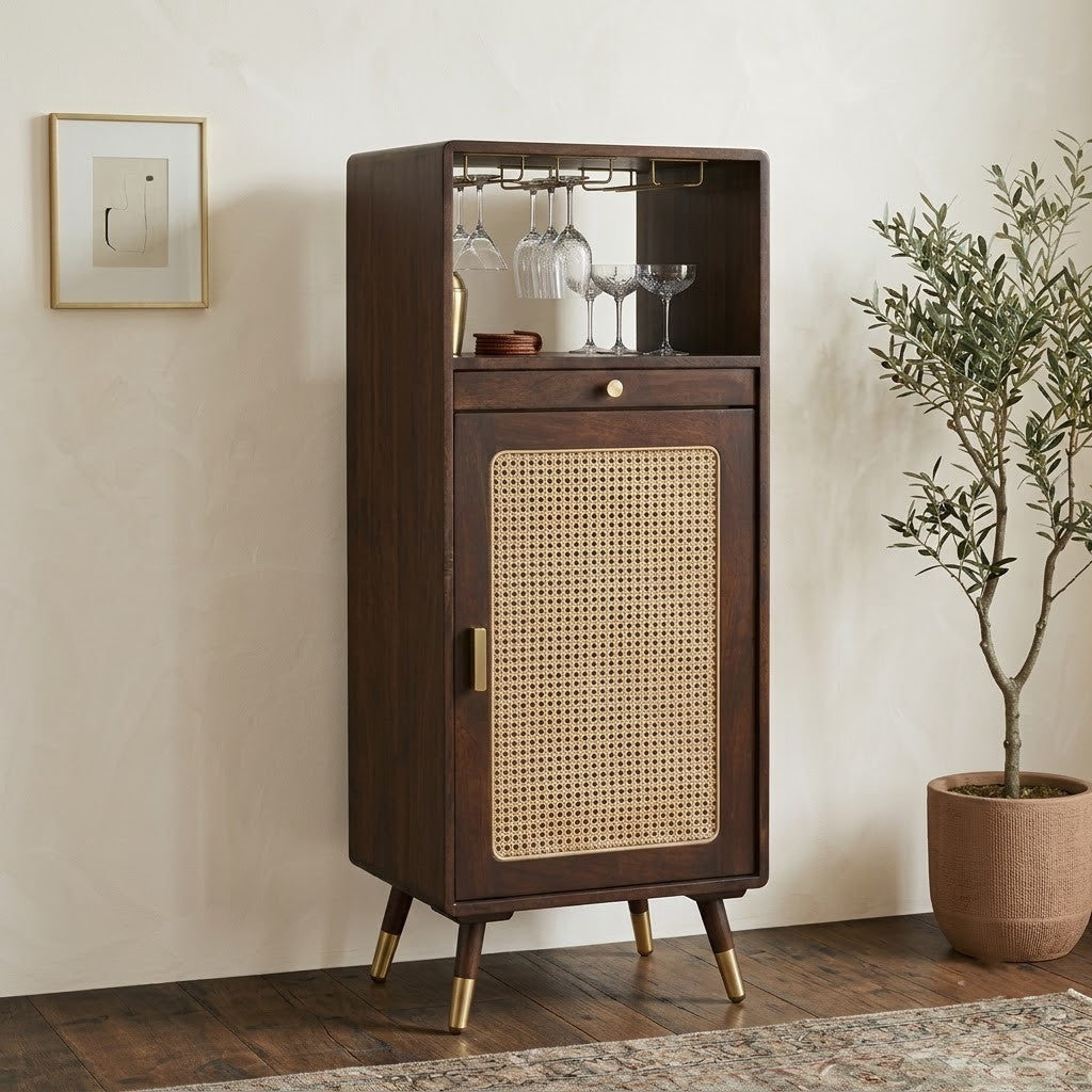 PRITI Home Wooden Bar Cabinet with Drawer, Rattan Cane & Storage