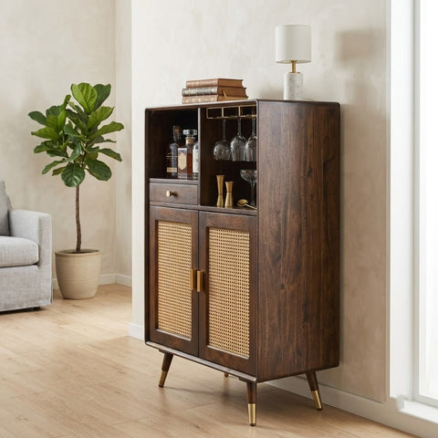 PRITI Home Wooden Bar Cabinet with Glass Rack, Drawer & Cane Doors