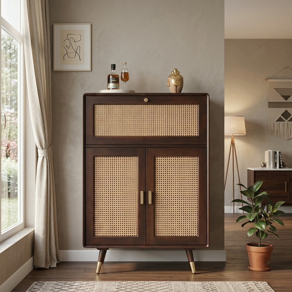 PRITI Home Wooden Bar Cabinet with Glass Rack & Rattan Cane Storage