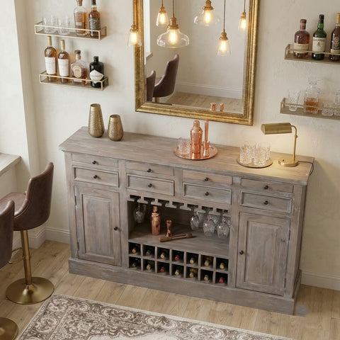 PRITI Home Wooden Drink Cabinet Bar Counter in Rustic Brown | Home Bar Cabinet