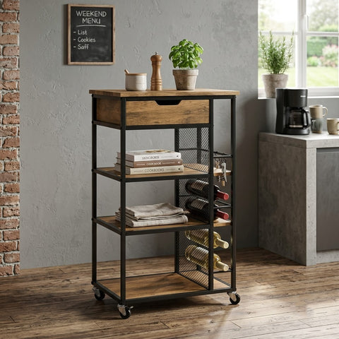 PRITI Home Wooden Top Kitchen Trolley with Wheels & Storage Shelves