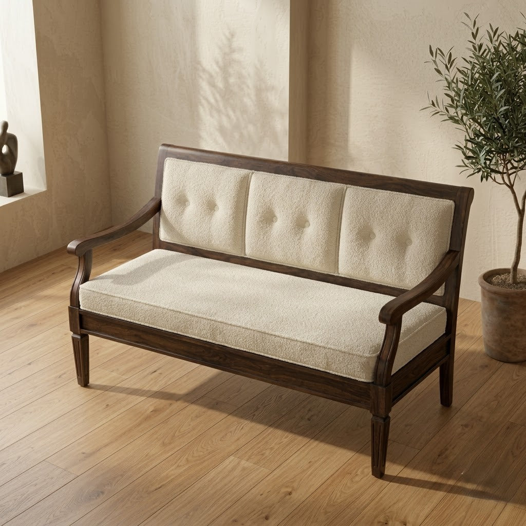PRITI Home dark walnut Sheesham wood bench with crème boucle upholstery