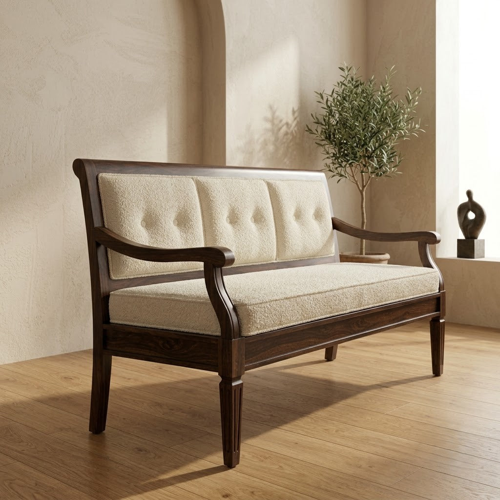 PRITI Home wooden bedroom bench with upholstered backrest and seat