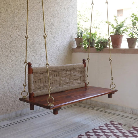 PRITI Honey finish Sheesham wood hanging swing Jhula with woven backrest