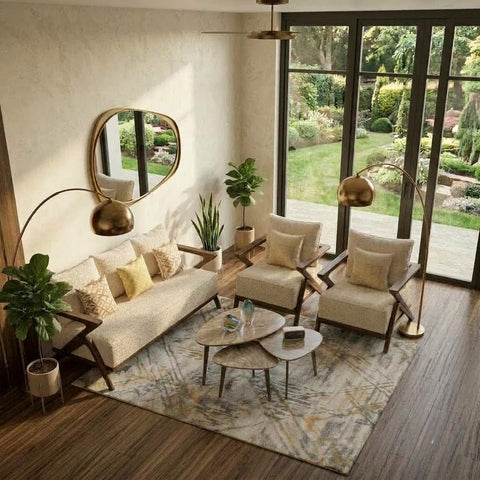 PRITI Hopper 5 seater wooden sofa set with Crème Boucle fabric
