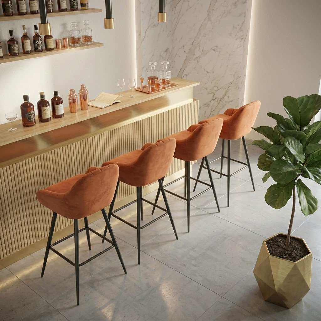 PRITI Horizon Velvet Bar Stool Set of 4 – Orange Upholstered Kitchen Counter Stools with Back Support & Metal Legs