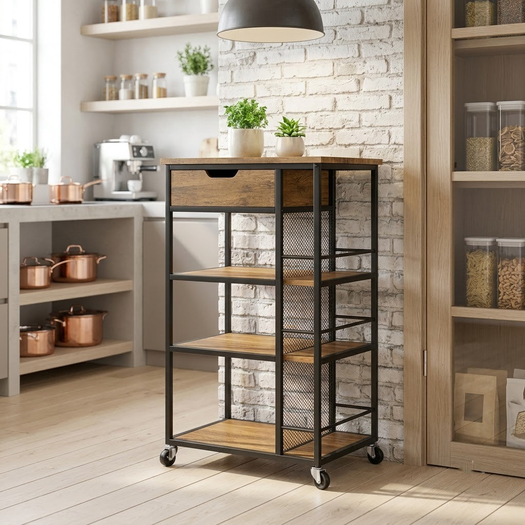PRITI Industrial Rolling Kitchen Cart with Storage Drawer & Shelves