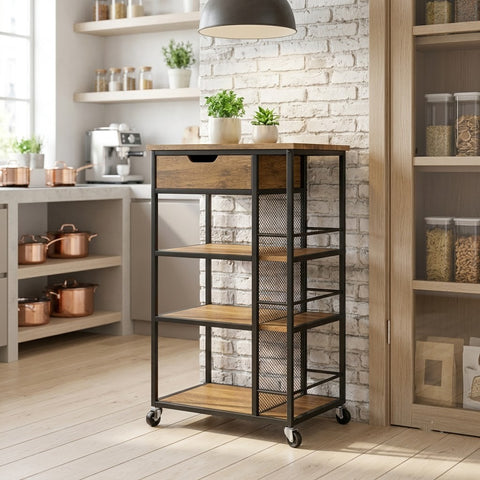 PRITI Industrial Rolling Kitchen Cart with Storage Drawer & Shelves