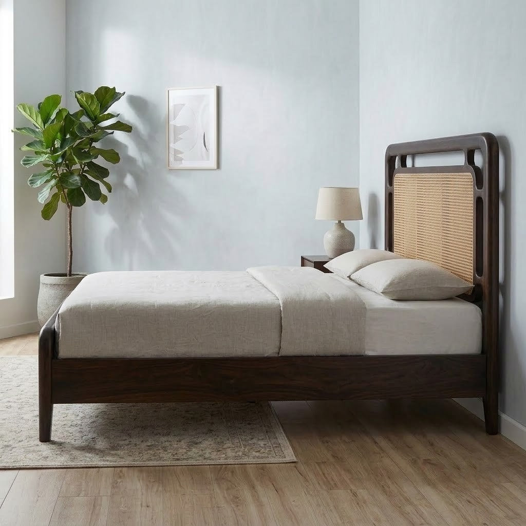PRITI King Size Bed with Woven Cane Headboard