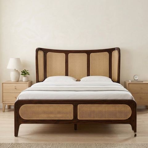 PRITI King Size Sheesham Bed with Decorative Cane Headboard