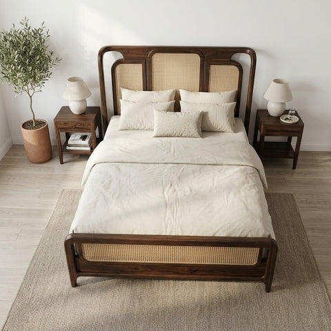 PRITI King Size Sheesham Wood Bed with Cane Weave