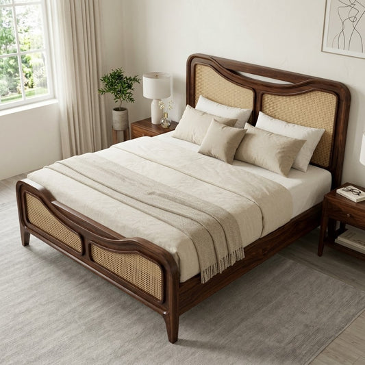 PRITI King Size Wooden Bed with Natural Cane Design