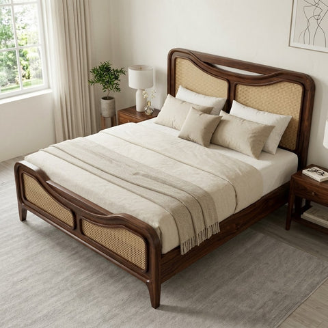 PRITI King Size Wooden Bed with Natural Cane Design