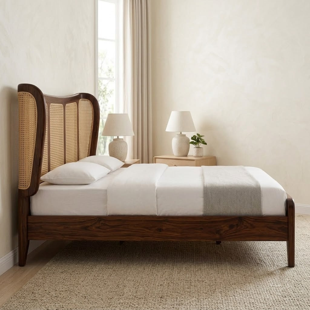 PRITI King Size Wooden Bed with Woven Cane Headboard
