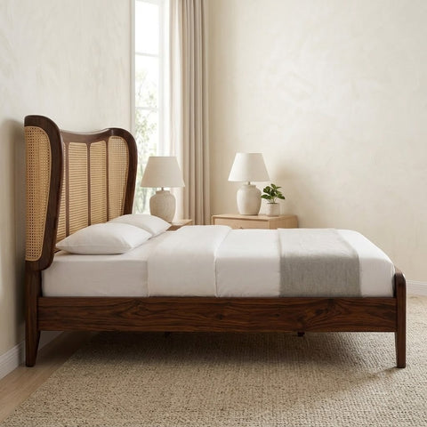 PRITI King Size Wooden Bed with Woven Cane Headboard