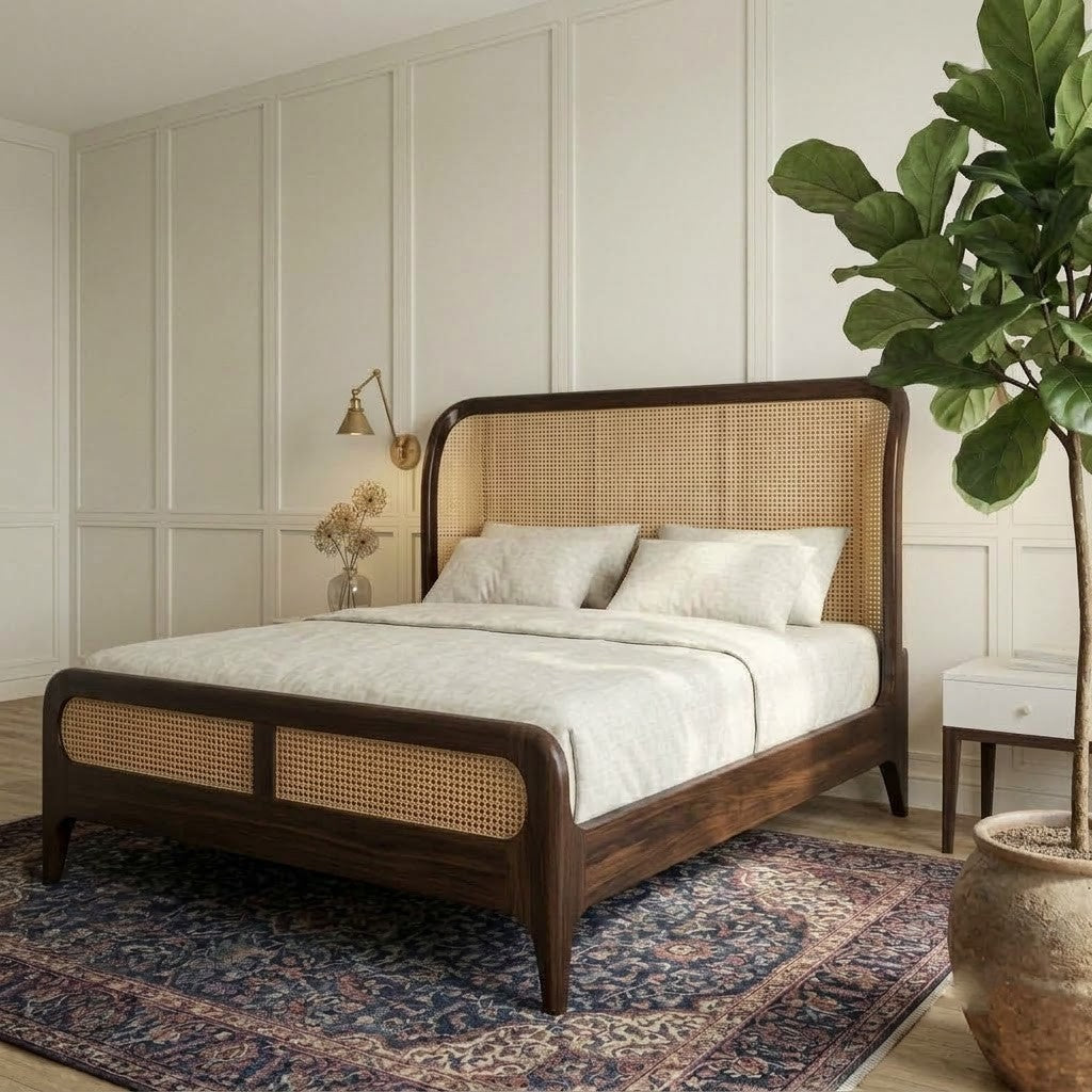 PRITI King Size Wooden Bed with Woven Cane Panel