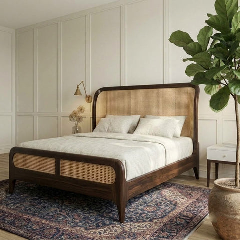 PRITI King Size Wooden Bed with Woven Cane Panel