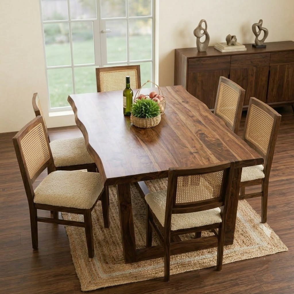 PRITI Live Edge Sheesham Wood Dining Table with Cane Weave Chairs, Dark Walnut Finish