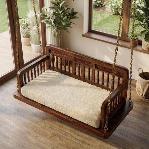 PRITI Luxury 2 Seater Jhula for Home | Solid Sheesham Wood Swing with Boucle Cushion