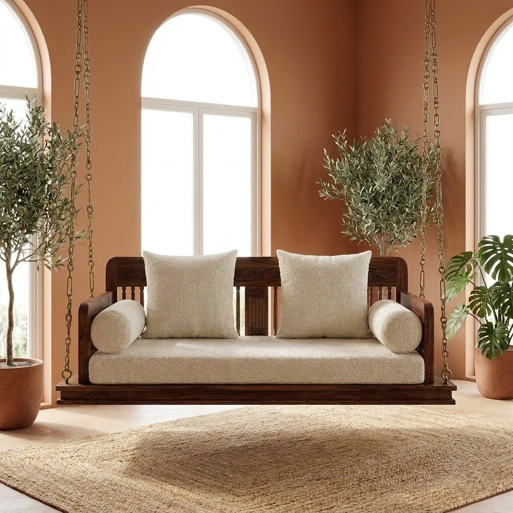 PRITI Luxury 2 Seater Wooden Jhula with Crème Boucle Cushion – Dark Walnut Finish