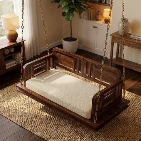 PRITI Luxury 2 Seater Wooden Jhula with Crème Boucle Cushion