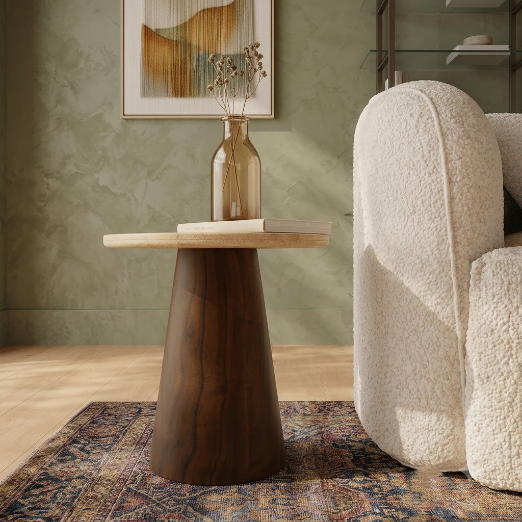 PRITI Luxury Beige Travertine & Acacia Wood Side Table for Living Room