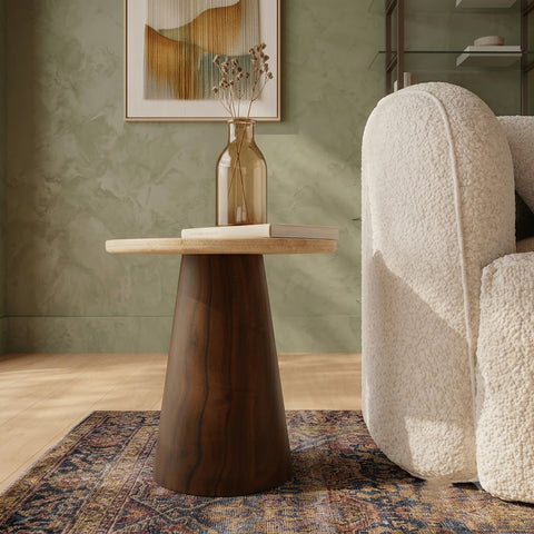 PRITI Luxury Beige Travertine & Acacia Wood Side Table for Living Room